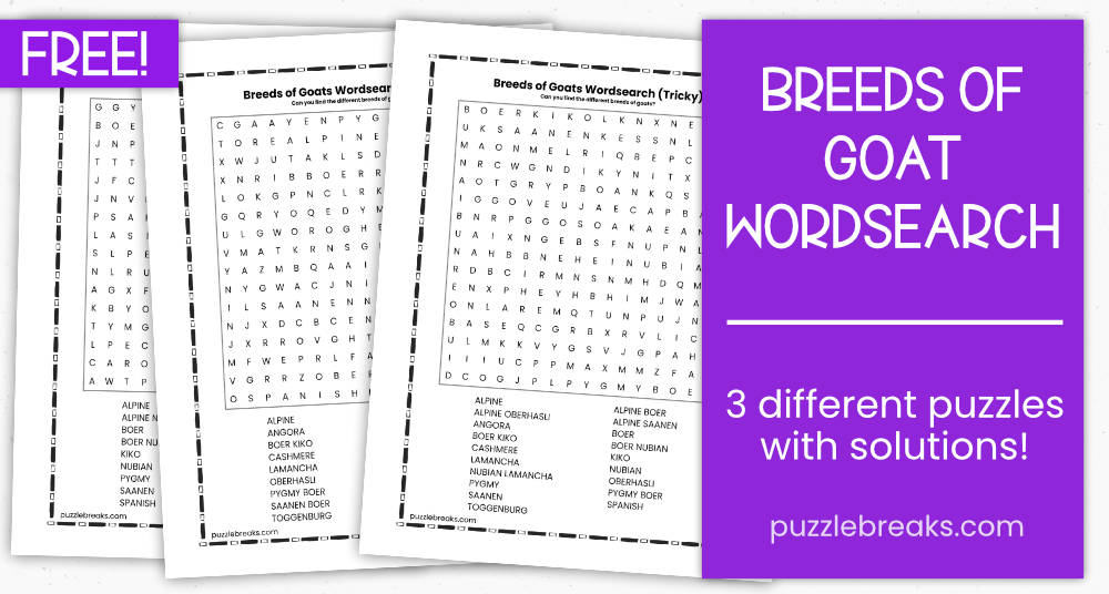 Breeds of Goat PDF Wordsearch Puzzles Puzzle Breaks Monstrously